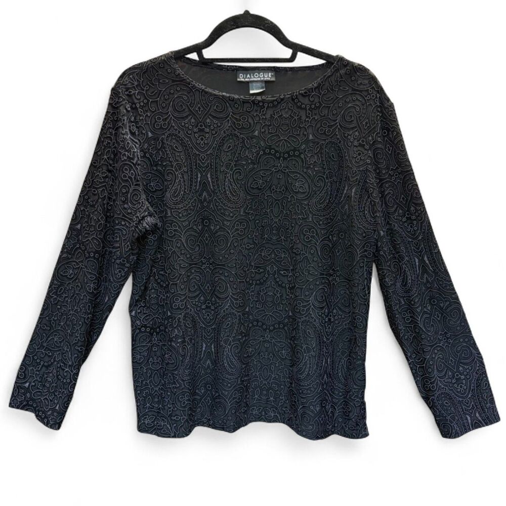 Vintage Dialogue Black Velvet Jacquard Paisley Long Sleeve Blouse size L
